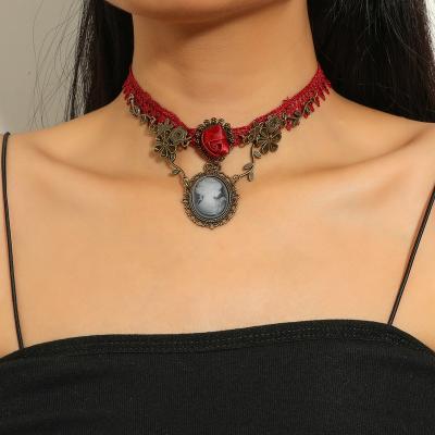 China Vintage Eco-Friendly Gothic Red Lace Choker Necklace Rhinestone Red Rose Flower Accessory Large Crystal Rhinestone Collar for sale