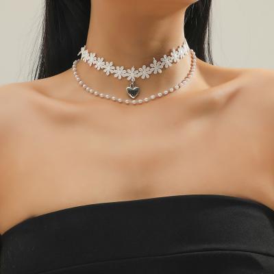 China BOHEMIA Lace Flower Chain Pearl Bead Necklace White Silver Plated Heart Choker Pendant Multilayer Short Necklace for sale