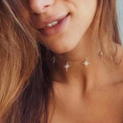 China Tiny BOHEMIA Gold Chain Star Charms Choker Necklace Rhinestone Diamond Star Tassel Necklace for sale