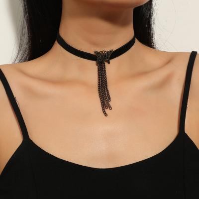 China Sexy Black Gold Exquisite Butterfly Necklace Velvet Tassel Women Chokers Long Chain Necklaces Cavity Environmental Friendly for sale