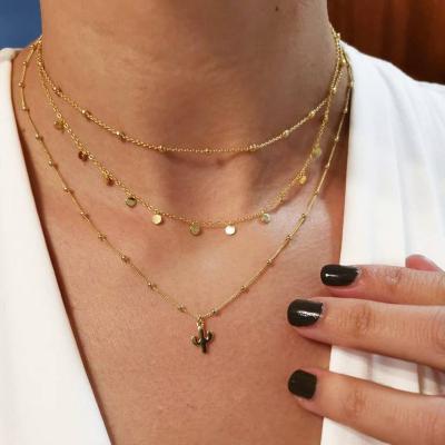 China New Arrival High Quality/Factory Source Bohemian Cactus Round Small Gold Choker Necklace Three-Layer Chain Pendant Necklace For Women for sale