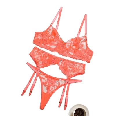 China QUICK DRY Open cup lingerie 3pcs lace underwear women bra and panty set see through transparent thong embroidery floral underwear bra set for sale