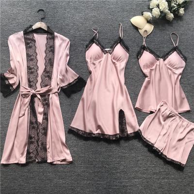 China Breathable Sexy Women Lace Up Home Wear Sleep Set Casual Satin Gray Sleepwear Home Clothing Silky Solid Nightgown Sleepwear for sale