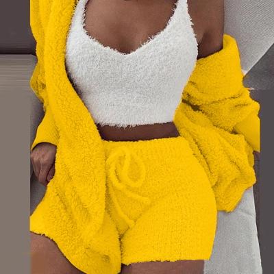 China Three Piece Outfits Breathable Plush Velvet Plush Cardigan Coat+Shorts+Crop Hooded Tops Women Tracksuit Sets Sports Casual Sweatshirt for sale