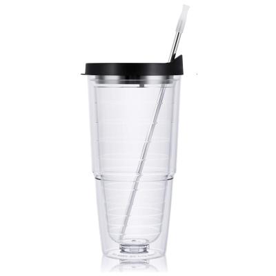 China Disposable Double-Layer Plastic Cups with Black Lids and Straws for Adults, Insulated Tumbler Suitable for Cold and Hot Drinks, 24OZ for sale