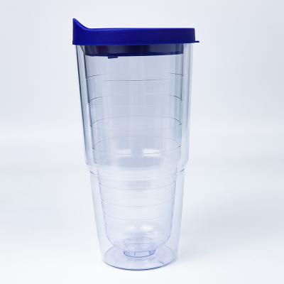 China Drinks Wholesale Classic Insulated Plastic Tumblers, Clear Insulated Plastic Tumbler With Blue Lid, Everyday Family Use, 24 oz for sale