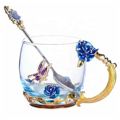 China Viable Wholesale Enamel Glass Spoon Coffee Cup Beer Mug Mothers Day Gift Rose Flower Tea Cup Set for sale