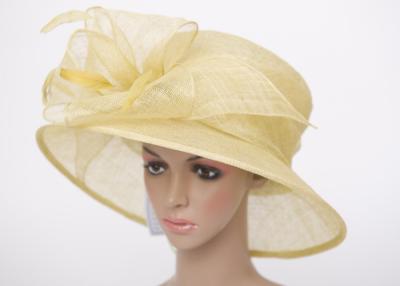 China 12cm Brim Light Yellow Women Church Hats , Sinamay Fascinators With Feather For Party for sale