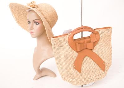 China Leather Trim Beige Raffia Beach Bag With Bowknot , Leather Trim Ladies Bag for sale