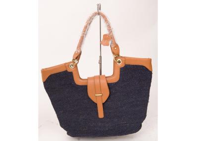 China Navy Raffia Beach Bag / Raffia Straw Leather Trim Handbag For Ladies 37cm x 52cm for sale