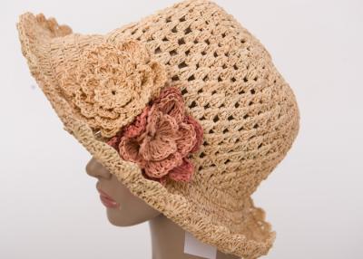 China Natural 10cm Brim Raffia Sun Hats / Hollow Out Beige Crochet Sun Hat For Party With Flower for sale