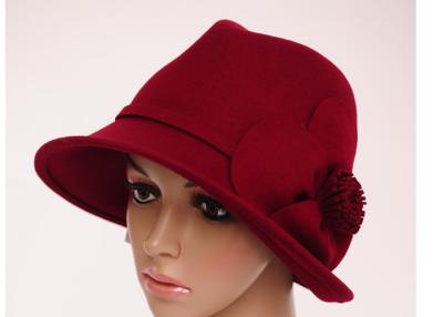 China Spring Red Flower Wool Felt Fedora Hat For Women / Felt Fedora Hats With Flower for sale