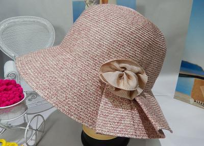 China Folding Brim Pink Flower Womens Sun Hats Paper String , Party Sun Hat For Summer for sale