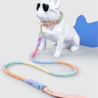 China New Color Viable Handwoven Gradient Rope Cotton Dog Leash Factory PU Leather Dog Collar for sale