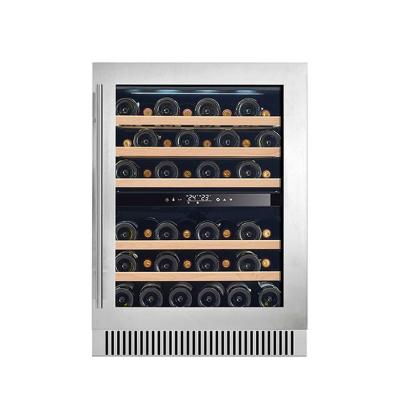 China Black Electric Wine Cooler with Wood Shelves Dual Zone Glass Door Display Cooler for sale