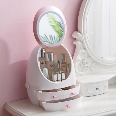 China Multi Function Dustproof Portable Makeup Cover Storage Organizer Drawers Cosmetic Box With LED Rotating Mirror Dust Cover For Desktop for sale