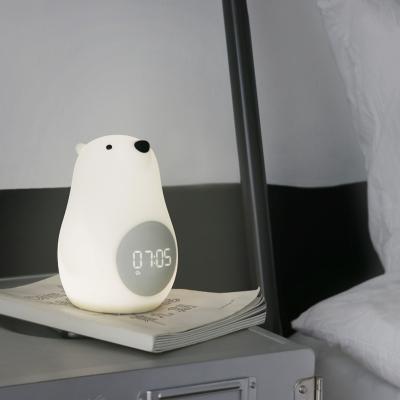 China Contemporary Cute Wake Up Bear Bedroom Atmosphere Cartoon Lead Silicone Voice Control Led Clock Bedside Alarm Clock Night Fill Light for sale