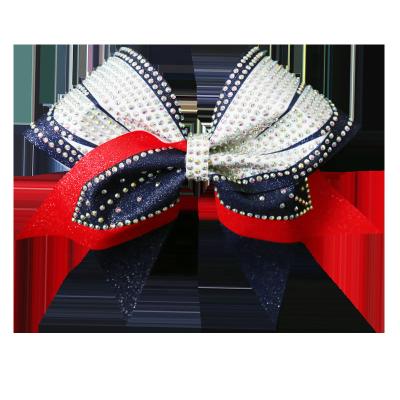 China Breathable High Quality Custom Rhinestones Logo Cheerleading Bows and Ribbons ab Cheerleading Bow for sale