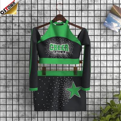 China Breathable Custom Design Cheerleader Green Cheerleading Color Uniforms Costume With Rhinestones for sale