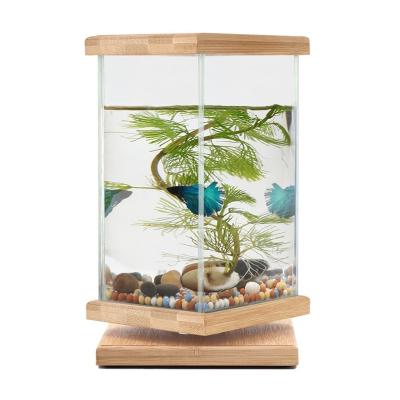 China Unique Viable 360 ​​Degree Rotation Desktop Aquarium with Square Glass Jar - Small Betta Fish Tank Aquarium for Home Office Decoration for sale