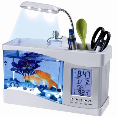 China Desktop Acrylic Viable Mini Fish Tank Aquarium with Colorful Running Water LCD Time Clock Alarm LED Lamp Light Calendar Stands for Home for sale