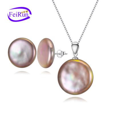 China FEIRUN 16mm Coin Shape AA+ CLASSIC Grade 925 Sterling Silver Pink Freshwater Pearl Jewelry Sets for sale