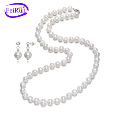 China FEIRUN CLASSIC 8mm Off Round Latest Design AA Necklace And Earring 925 Sterling Silver Pearl Set for sale