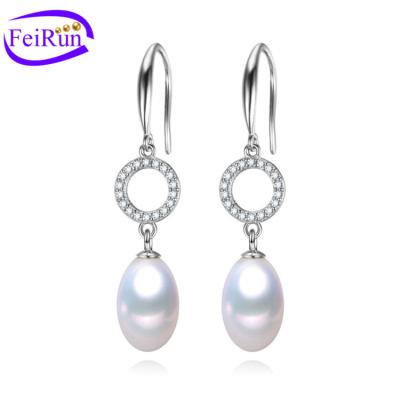 China FEIRUN 8mm Drop Cute Hook Earring Freshwater Cultured Pearl Stud Earrings 925 Sterling Silver for sale