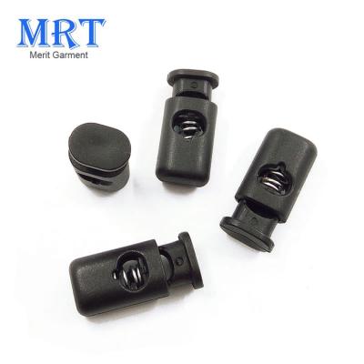 China Clothes/Bag/Shoes Customized Garment Accessory Black String Stopper, Plastic Rope End Spring Stoppers For Furniture for sale