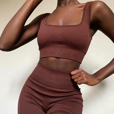 China Breathable Women Sportswear Fitness Clothing Two Piece Ribbed Shorts Top Set Seamless Yoga Crop Neck Square Two Piece for sale