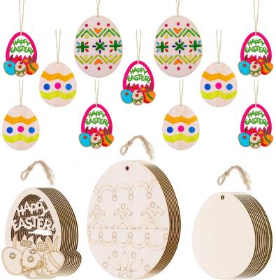 China DIY Easter Decoration Easter Pendant Carving Wooden Egg Pendant Creative Wooden Craft Set with Hanging Ropes for Easter Party for sale