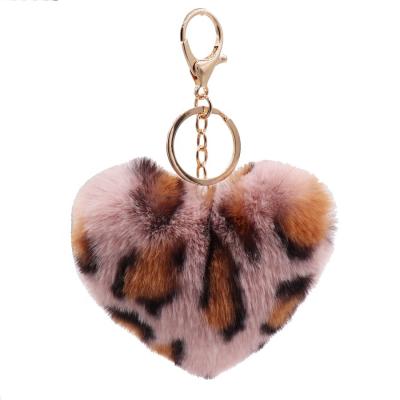 China 2021 Wholesale Leopard Print Otter Fur Plush Rabbit Pom Pom Key Ring Love Ball Key Chain For Ladies Bag for sale