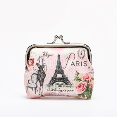 China Eco-Friendly Custom Design Outdoor Small Mini Paris Pu Leather Souvenir Wallet Metal Clip Coin Purse OEM Logo Travel for sale