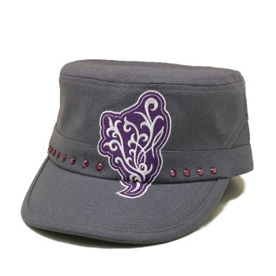 China Custom Designer COMMON Rhinestone Embroidery Logo Military Women Flat Top Hat for sale