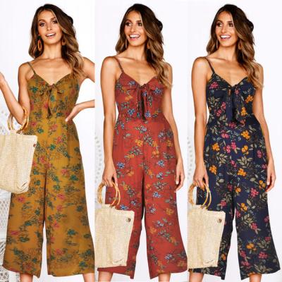 China 2020 New Style Waterproof Streetwear Long Leg Sleeveless Floral Printed Wide Leg Overalls For Women for sale