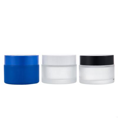 China Wholesale Empty Personal Care Blue Frosted Glass Cosmetics Cream Jar 50ml 50 Gram for sale