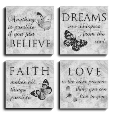 China Ready View To Hang Motivational Wall Art Poster Canvas Butterfly 4 Panels Believe Dreamy Faith Love Canvas Print Painting On Demand for sale