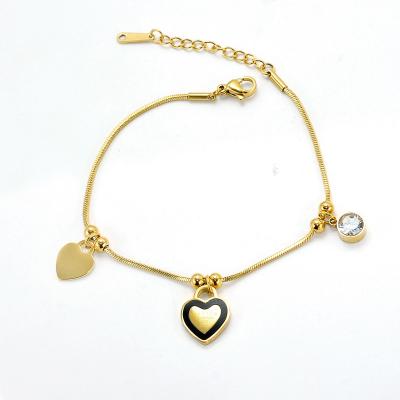 China Vintage Gold Steel Bangle Jewelry Snake Chain Crystal Rhinestone Gold Plated Stainless Steel Heart Pendant Charm Bracelet for sale