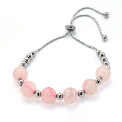 China CLASSIC Rose Quartz Decade Rosary Pink Charm Stone Bracelet Stainless Steel Bracelets for sale