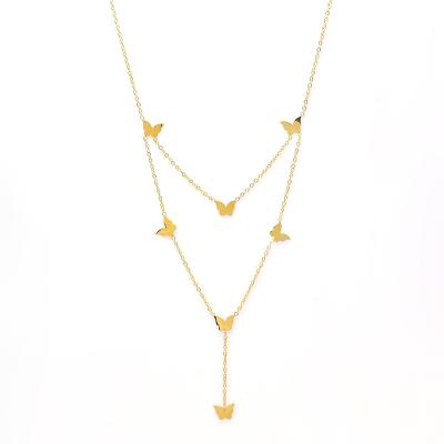 China TRENDY Double Layer Necklace Butterfly Necklace Gold Plated Stainless Steel Butterfly Necklace for sale