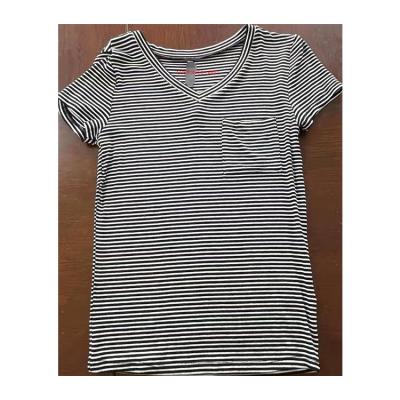 China Cotton Polyester QUICK DRY Casual Summer Clothes Women V Neck Stripe Tee for sale