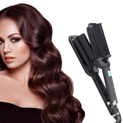 China New Large Negative Ion Generator Three Barrel Wave Hair Curler LCD Automatic Curling Iron With Triple Barrel Hair Hesitate Ceramic Ionic Hair Curler for sale