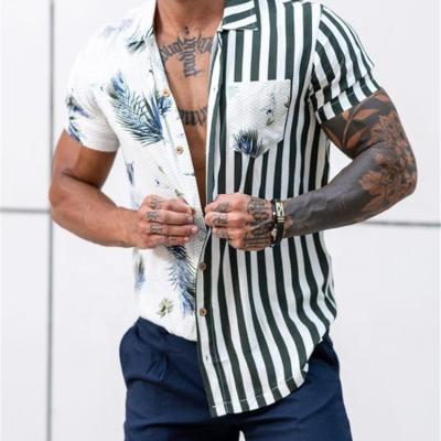 China Summer Beach Anti-pilling Casual Men's Striped Quilting Shirt Printing Casual Short-sleeved Shirt for sale