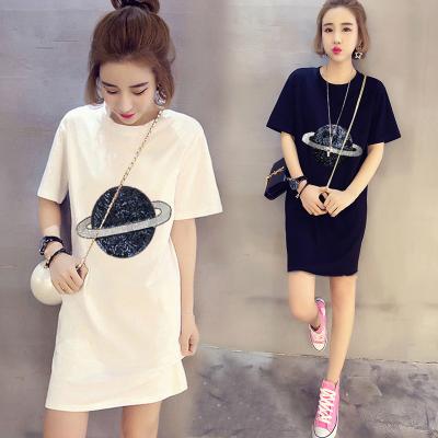 China Anti-wrinkle Sequin Embroidered Dress Shorts Sheath Summer Length Loose Casual T-shirt Slim Fit Slim Mid for sale