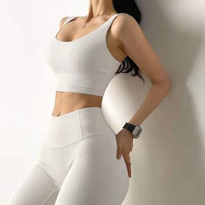 China 2021 Wholesale New High Waist Breathable OEM Breathable Nude Ribbed Yoga Sets Fitness Workout Sets Bra And Leggings for sale