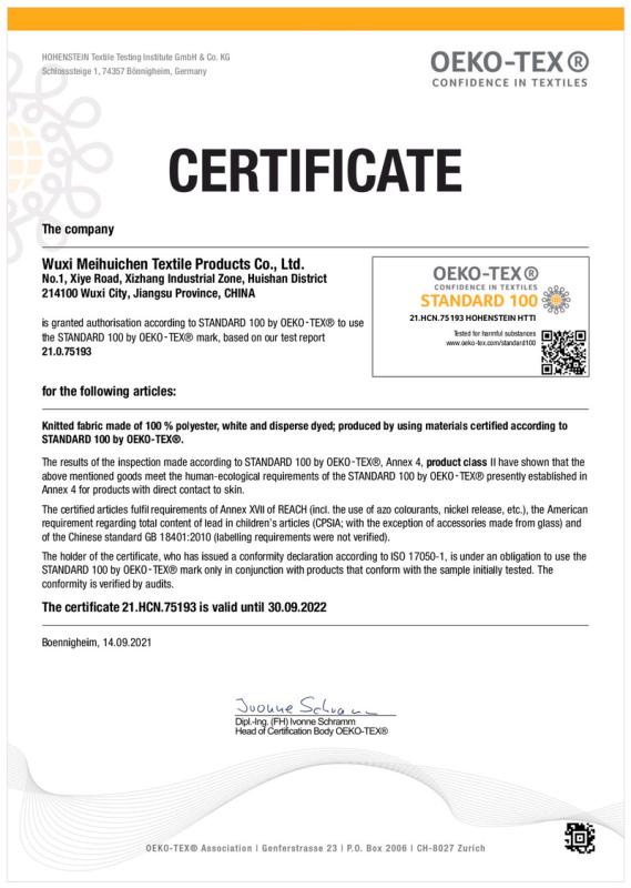 Oeko-Tex standard 100 - Wuxi Meihuichen Textile Products Co., Ltd.