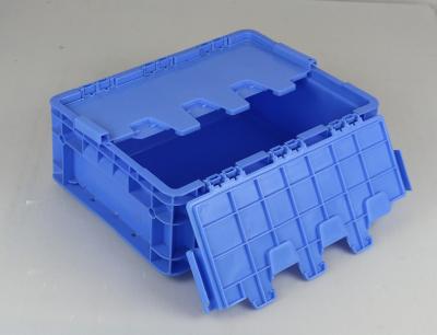 China De scharnierende Omzet van Tote Boxes Blue Color Stacking van de Deksels Plastic Opslag Te koop