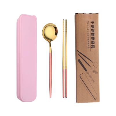 China Stocked Students Fork Spoon Chopsticks Student Travel Stainless Steel Gold Silver Black White Pink Pink Portable Tableware for sale