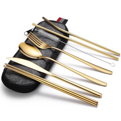 China Stored Portable 304 Travel Camping Dinnerware Sets Gold Stainless Steel Cutlery Set With Pocket for sale