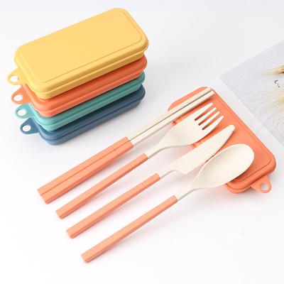 China Straw Tableware Set Folding 3pcs/Set Sustainable Portable Outdoor Children's Wheat Dinnerware Chopsticks Spoon Travel Tableware for sale